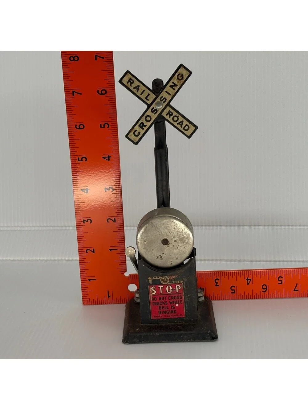 Vintage Marx Toys Tin Litho Railroad Crossing Bell Signal Mechanical 8.25 In USA